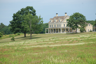 Beyond a flowered meadow, a stately home painted yellow. Mature trees accent the landscape.
