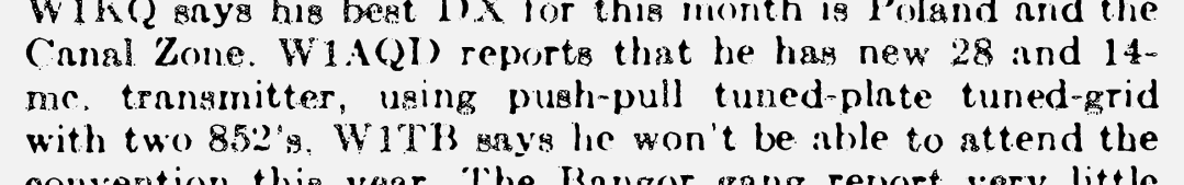Snippet from the October 1929 issue of QST magazine, in which "W1AQD reports that he has new 28 and 14-mc. transmitter, using push-pull tuned-plate tuned-grid with two 852's."